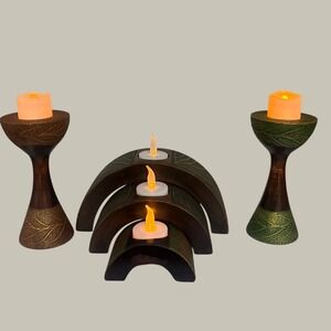Wooden Candle Holder Set 5pc Brown Green Gold Leaf Motif Etched Decor